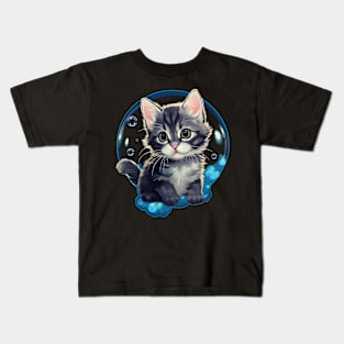 Blue Cat in Bubble: Adorable Kitten Sticker-Style Tee Kids T-Shirt